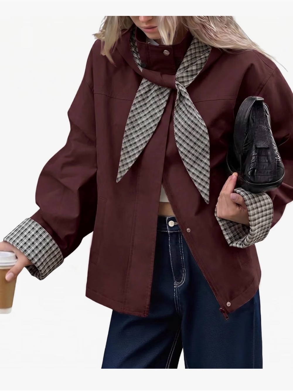 Women’s Utility Jacket with Plaid Scarf Trim - Brown